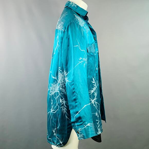 HAIDER ACKERMANN Size M Teal White Jacquard Linen Silk Layered Long Sleeve Shirt - Picture 4 of 10